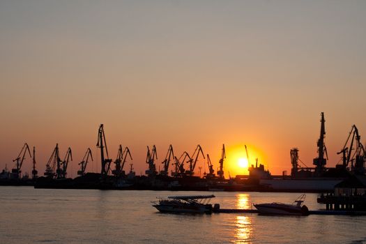 seaport with the tower cranes at sunset