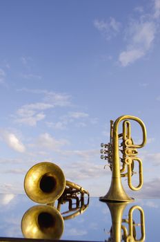 two retro wind instrument on the mirror and sky background