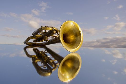 retro wind instrument on mirror and sky background