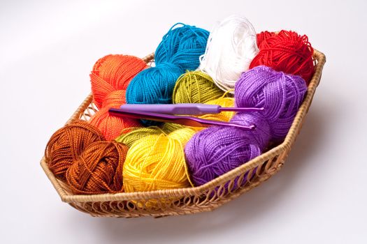 basket with thread and balls for knitting as a background