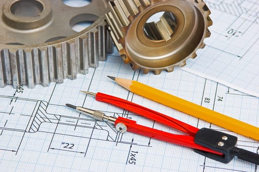 tools and mechanisms detail on the background of technical drawings