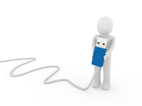 3d human man usb stick blue plug cable