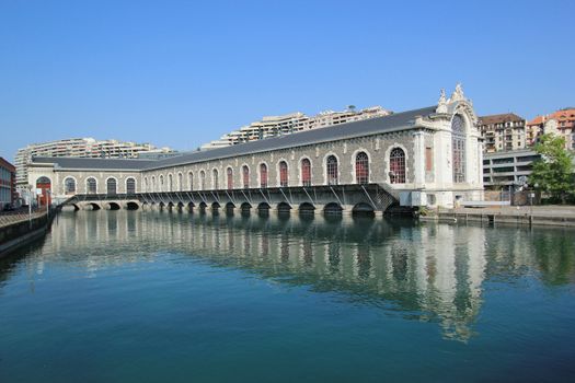 Famous batiment des Forces-Motrices on the Rhone river, Geneva, Switzerland