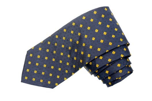 Yellow diamond pattern shappes blue tie isolated on white background.