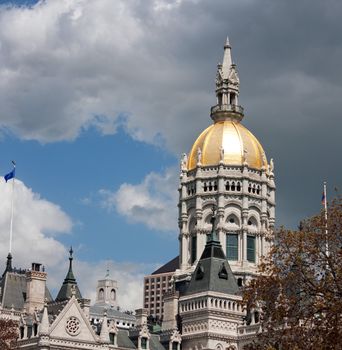 Close up of the golden domed state capitol building in Hartford Connecticut.