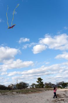 A young woman flies a kite at the beach on a nice day.