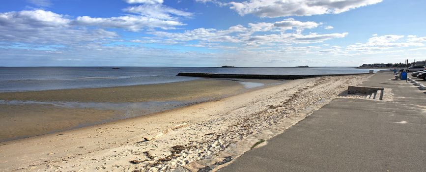 West Beach found in Westbrook Connecticut at low tide with the long jetty. Wide angle panoramic view.