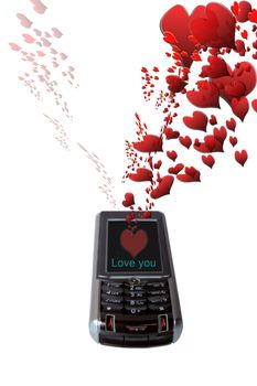 a mobile love message with love hearts signals with clipping path