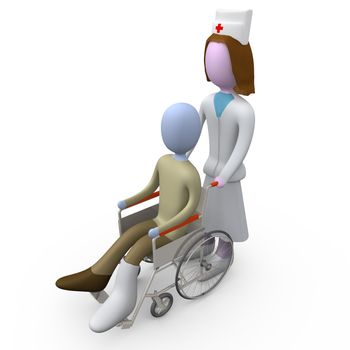 Nurse pushing a wheelchair with an injured person on it.