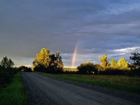 Rainbow in the sky over the trees in the province of Quebec, Canada