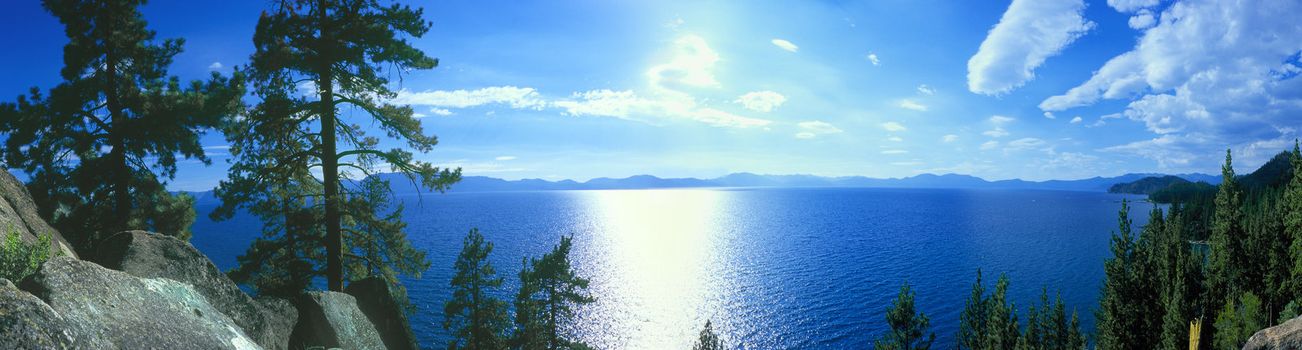 Panoramic of water reflecting water near Sand Beach Lake Tahoe Nevada