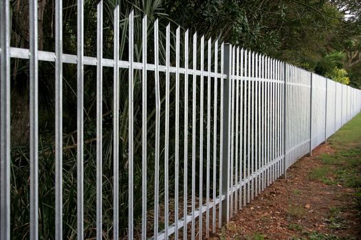 Galvanised steel palisade fence on the border of a property