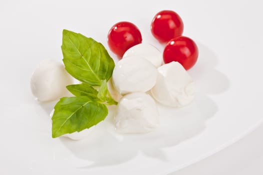food series: mozzarella, tomato and basil over white