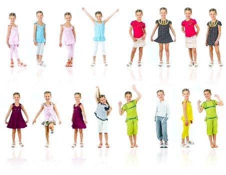 Collection photos of cute little girl in colored clothes on white background