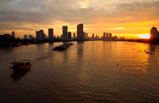 Bangkok skyline in the morning with ship, thailand