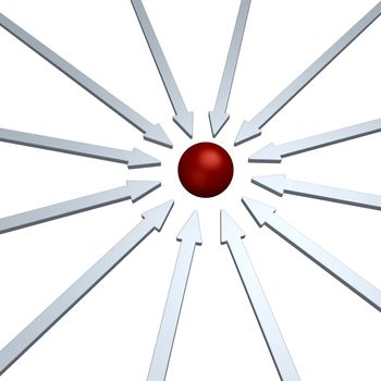 arrows and red ball in the middle - 3d illustration