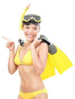 woman with goggles, flippers and snorkel pointing. Snorkeling, swimming, vacation concept isolated on white background. Chinese Asian / Caucasian female model