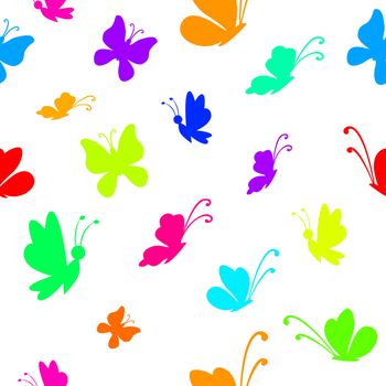 seamless background, silhouettes various colorful butterflies on white background