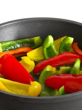 close up of bell peppers in frying pan