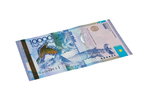 Money of Kazakhstan 10 000 Tenge. Close-up, isolated on a white background.