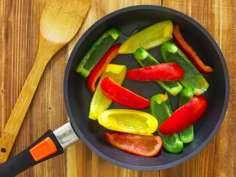 close up of bell peppers in frying pan