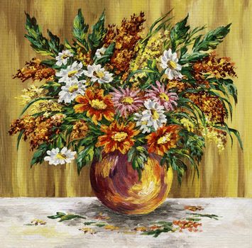 Picture oil paints on a canvas: bouquet of camomiles and an amaranth in a clay pot