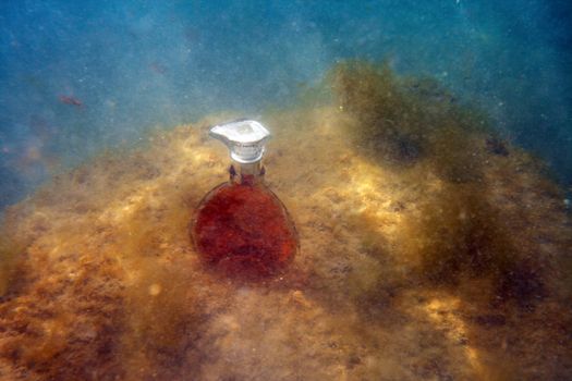 A bottle of brandy under the water in the sea.