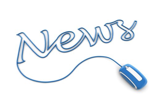 modern shiny blue computer mouse is connected to the glossy blue word NEWS - letters a formed by the mouse cable