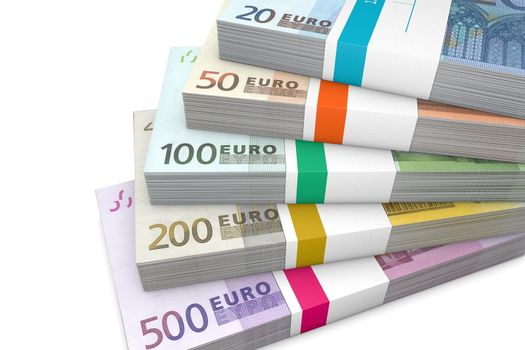several Euro cash packets with wrapper stacked