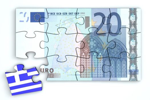 20 Euro note from top as a puzzle - one piece seperately - extra piece with Greece / greek flag on it