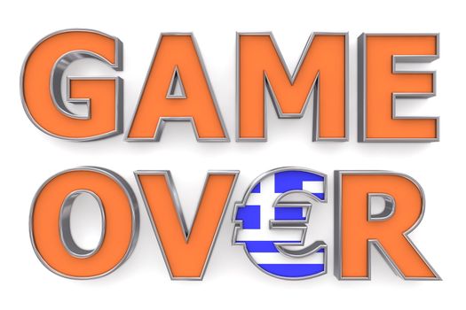 words GAME OVER with orange front and metallic outline - letter E is replace by an Euro symbol with a greek flag on it