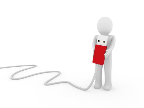 3d human man usb stick red plug cable