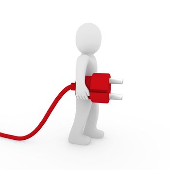 3d human man plug red cable socket power