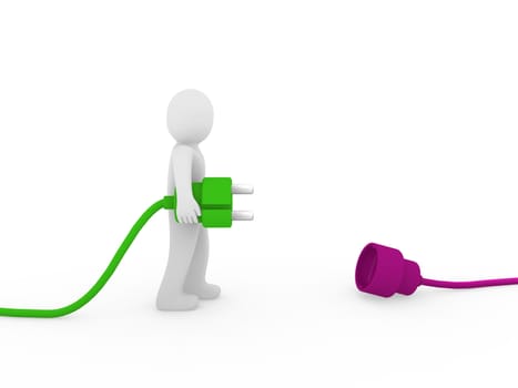 3d human man plug green purple cable socket