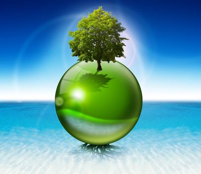 Green sphere on the water with roots and tree, the concept of ecology and purity