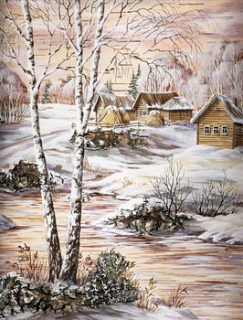 Drawing distemper on a birch bark: the Siberian village