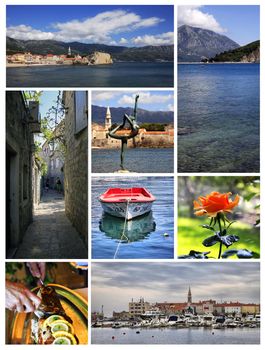 Collage from 6 photos city Budva. Montenegro
