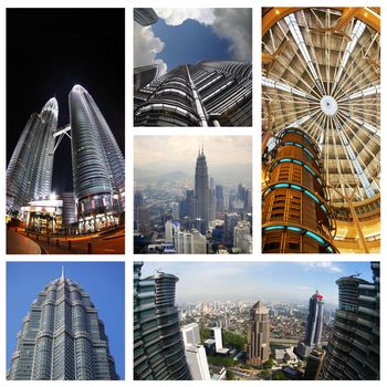 Collage from 6 photos Petronas Twin Towers in Kuala Lumpur. Malaysia