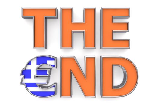 words THE END with orange front and metallic outline - letter E is replace by an Euro symbol with a greek flag on it