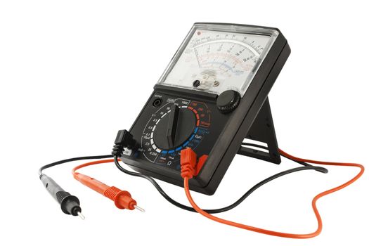 Analog multimeter is on stand, close-up on a white background.