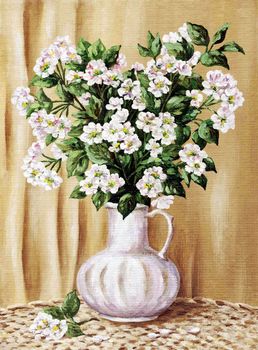 Picture oil paints on a canvas: a blossoming apple-tree in a white jug