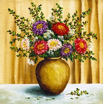 Picture oil paints on a canvas: a bouquet of asters in a clay pot