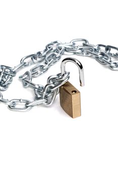 Open padlock and chain isolated on white background.