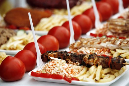 Shish kebab with fresh tomatoes and salad from cabbage