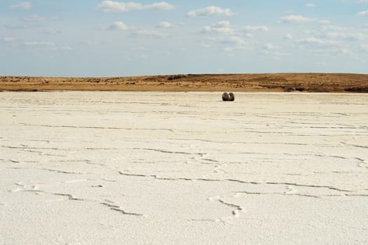 View of the dried-up salt lake in the desert.