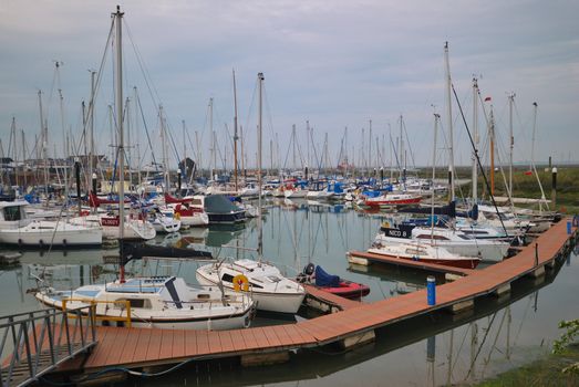 Boats docked in Tollesbury Marina