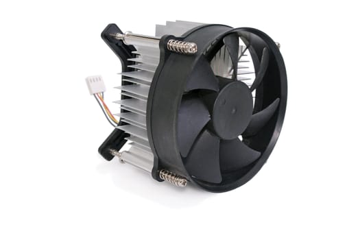 The cooling fan with heatsink computer processor, close-up, white background.