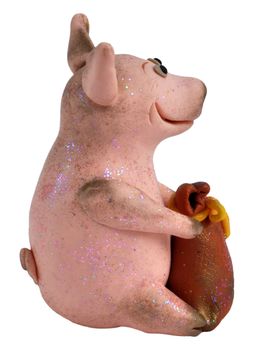 Handmade, toy from the salty test: a pig with a bag of money, a symbol of riches and Year of the Pig