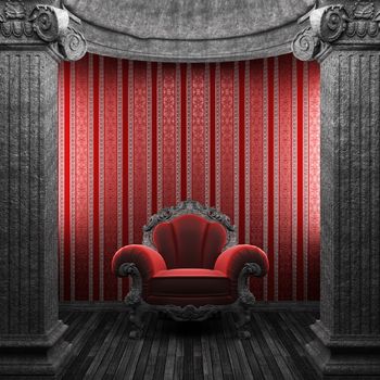 stone columns, chair and wallpaper made in 3D