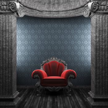 stone columns, chair and wallpaper made in 3D